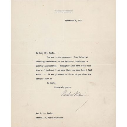 Lettre dactylographiée et signée par Woodrow Wilso