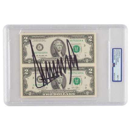 Von Donald Trump signierte, ungeschnittene 2-Dolla