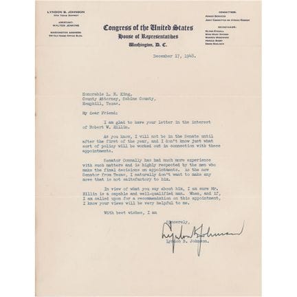 Lettre dactylographiée et signée par Lyndon B. Joh