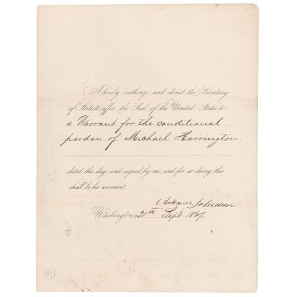 Andrew Johnson Document Signed as President for a 
