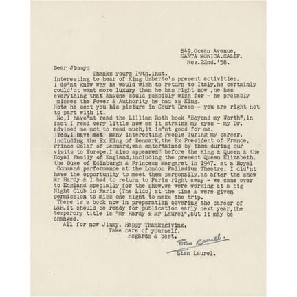 Stan Laurel Typed Letter Signed on Meetings with R