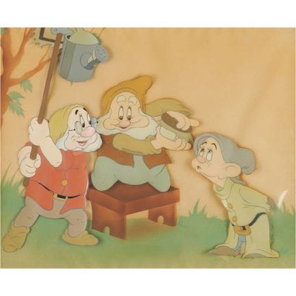 Cel di produzione raffigurante Doc, Happy e Dopey 