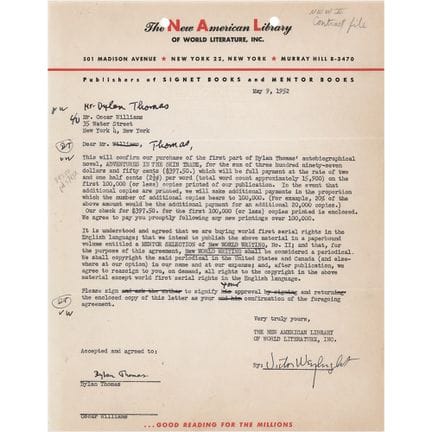 Document signé par Dylan Thomas pour son roman aut