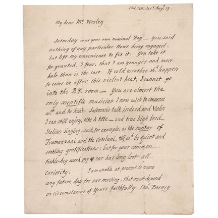Lettre autographe signée de Charles Burney adressé