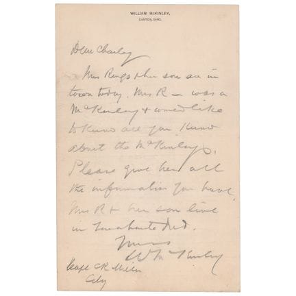 Lettre autographe signée de William McKinley évoqu