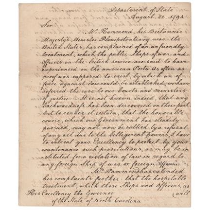 Lettera di Edmund Randolph, firmata in qualità di 