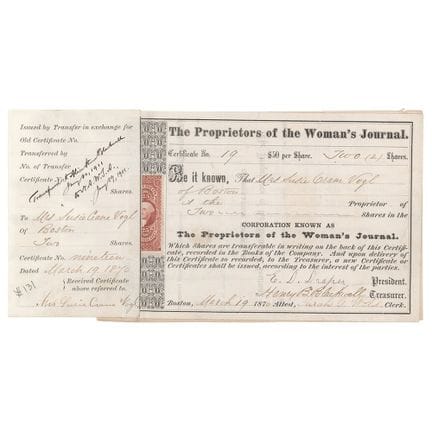 Certificato azionario del *Woman’s Journal* firmat