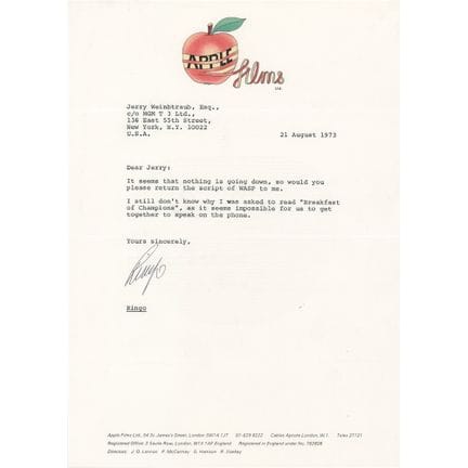 Beatles : Lettre dactylographiée et signée par Rin