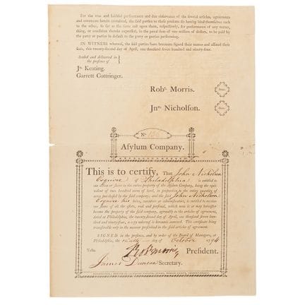 Robert Morris Signed Asylum Company Stock Certific