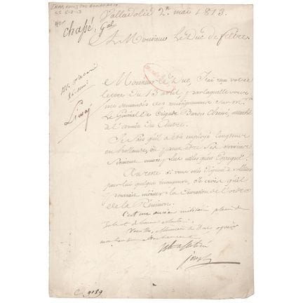 Lettera autografa di Giuseppe Bonaparte sul genera