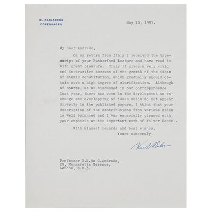 Lettera dattiloscritta e firmata da Niels Bohr su 