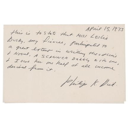 Documento autografo di Philip K. Dick relativo all