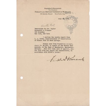 Lettre dactylographiée et signée par Franklin D. R
