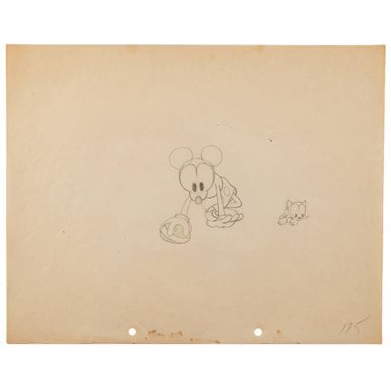 Disegno di produzione di Topolino e un gattino tra