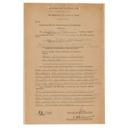 Von Albert Speer in Nürnberg unterzeichnetes Dokum