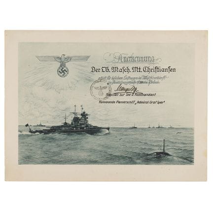 Hans Langsdorff Signed Admiral Graf Spee Commendat