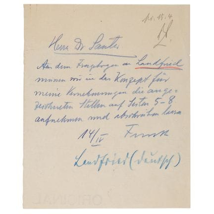 Autographische Notiz von Walther Funk, adressiert 