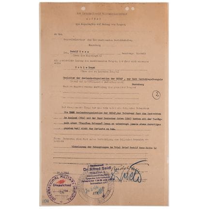 Von Rudolf Hess in Nürnberg unterzeichnetes Dokume