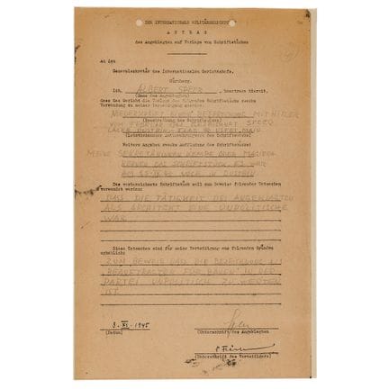 Von Albert Speer in Nürnberg unterzeichnetes Dokum
