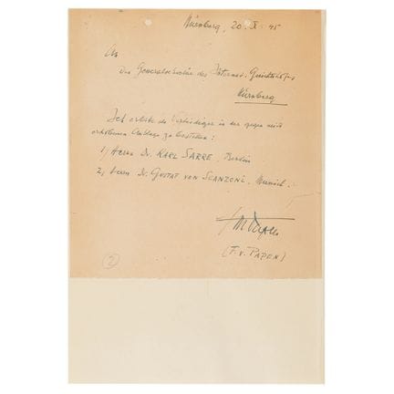 Von Franz von Papen in Nürnberg unterzeichneter ei