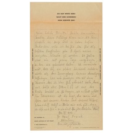 Hans Frank: Signierter Brief aus Nürnberg an seine