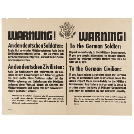 WWII Allied Bilingual ‘Warning!’ Broadside to Germ