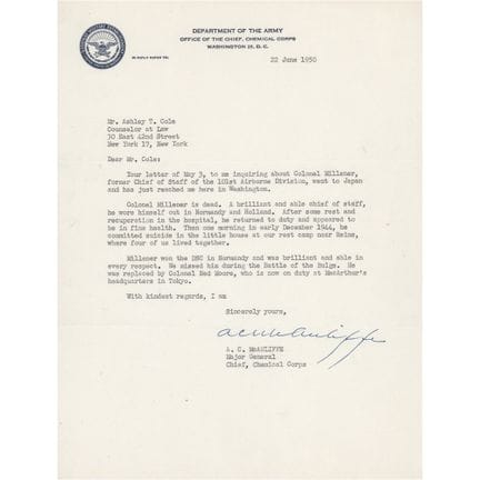 Anthony McAuliffe Typed Letter Signed on the Death