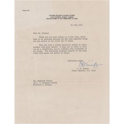 Chester Nimitz War-Dated Typed Letter Signed - "Th
