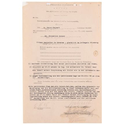 Von Arthur Seyss-Inquart in Nürnberg unterzeichnet
