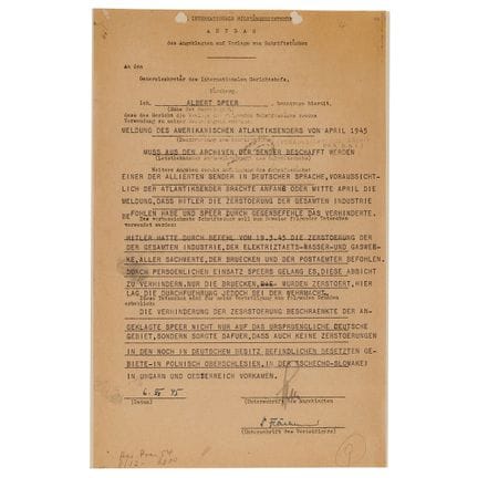 Von Albert Speer in Nürnberg unterzeichnetes Dokum