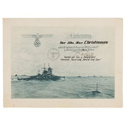 Conrad Patzig Signed Admiral Graf Spee Commendatio