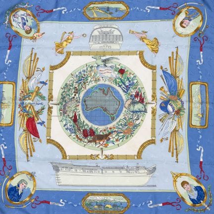 HERMES. 
Set of two silk square scarves: one featu
