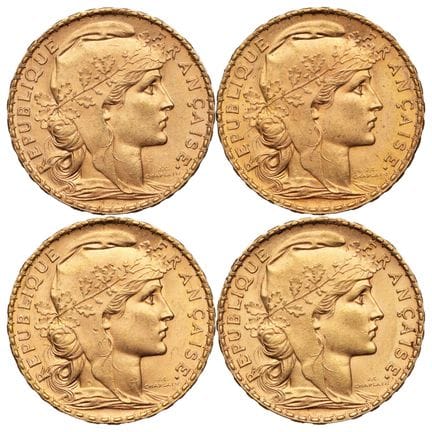 FRANKREICH. 
4 x 20 Goldfranken „Coq“, 1909. 

Das