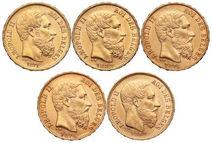 BELGIEN. 
5 x 20-Franc-Goldmünzen „Léopold II“, 18