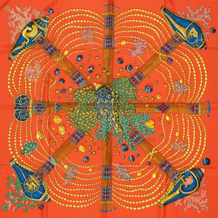 HERMES. 
"Chemin de corail" silk scarf, featuring 