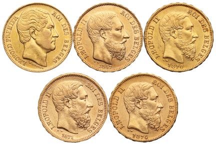 BELGIEN. 
4 x 20-Franc-Goldmünzen „Leopold II.“, 1
