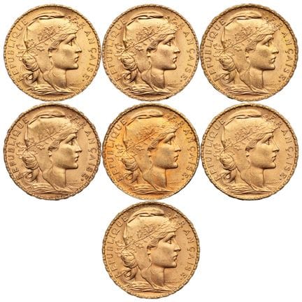 FRANKREICH. 
7 x 20-Franc-Goldmünzen „Coq“, 1910, 