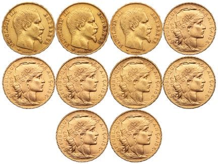 FRANKREICH. 
10 x 20-Franc-Goldmünzen, darunter dr