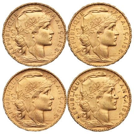 FRANKREICH. 
4 x 20 Goldfranken „Coq“, 1902, 1903,