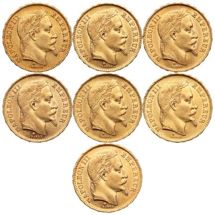 FRANKREICH. 
7 x 20-Franc-Goldmünzen „Napoléon III