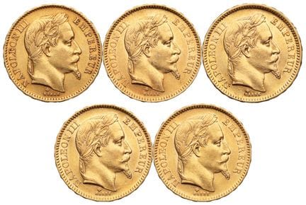 FRANKREICH. 
5 x 20-Franc-Goldmünzen „Napoléon III