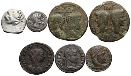 ANTIKE MÜNZEN.
Set aus sechs römischen Münzen und 