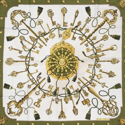 HERMES. 
Silk scarf featuring a design of chamberl