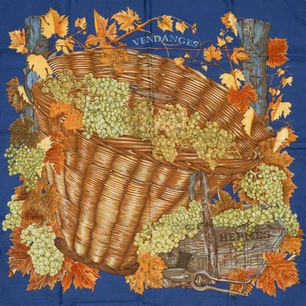 HERMES. 
"Vendanges" silk carré featuring a design