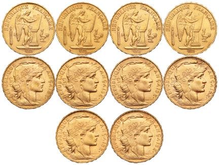 FRANKREICH. 
10 x 20-Franc-Goldmünzen: vier „Génie