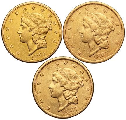 USA. 
3 x 20-Dollar-„Liberty“-Goldmünzen, 1853 und