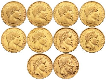 FRANKREICH und  BELGIEN. 
- 9 x 20-Franc-Goldmünze