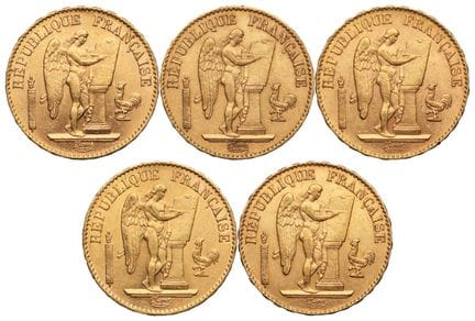 FRANKREICH. 
5 x 20-Franc-Goldmünzen „Génie de la 