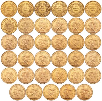 FRANKREICH. 35 x 20-Franc-Goldmünzen, darunter sie