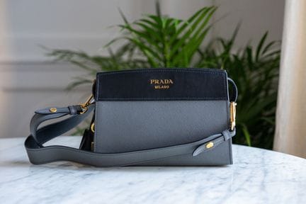 PRADA. 
"Esplanade" shoulder bag in gray Saffiano 